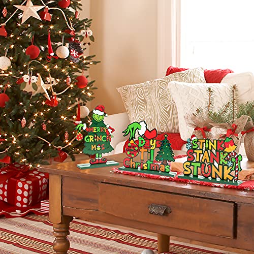 3 Pcs Green Grinch Christmas Monster Wooden Table Decorations