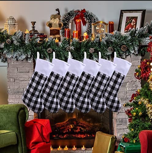 6 Pack 18 Inch Buffalo Plaid Christmas Stockings White Plush Trim Classic Personalized Large Stocking Decorations