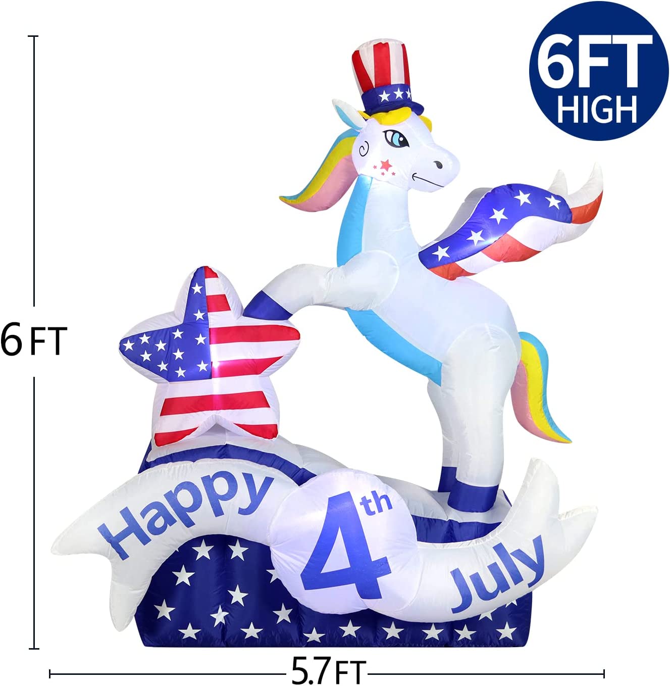 6 FT Tall Patriotic Independence Day 4th of July Inflatable Stars & stripes Unicorn Star w/ LEDS