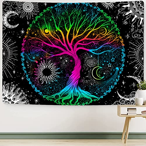 Tree of Life Sun Moon Galaxy Space Colorful Aesthetic Tapestry (60×80 inches)