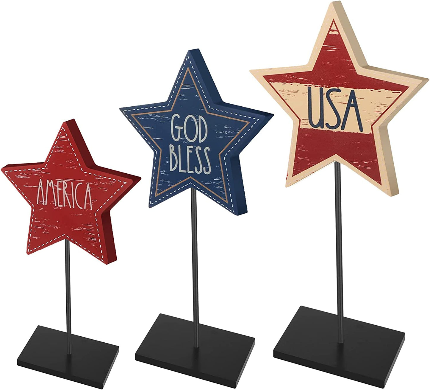 3 Pieces 4th of July Patriotic Decorations Wood Star Decoration (Classic Style)