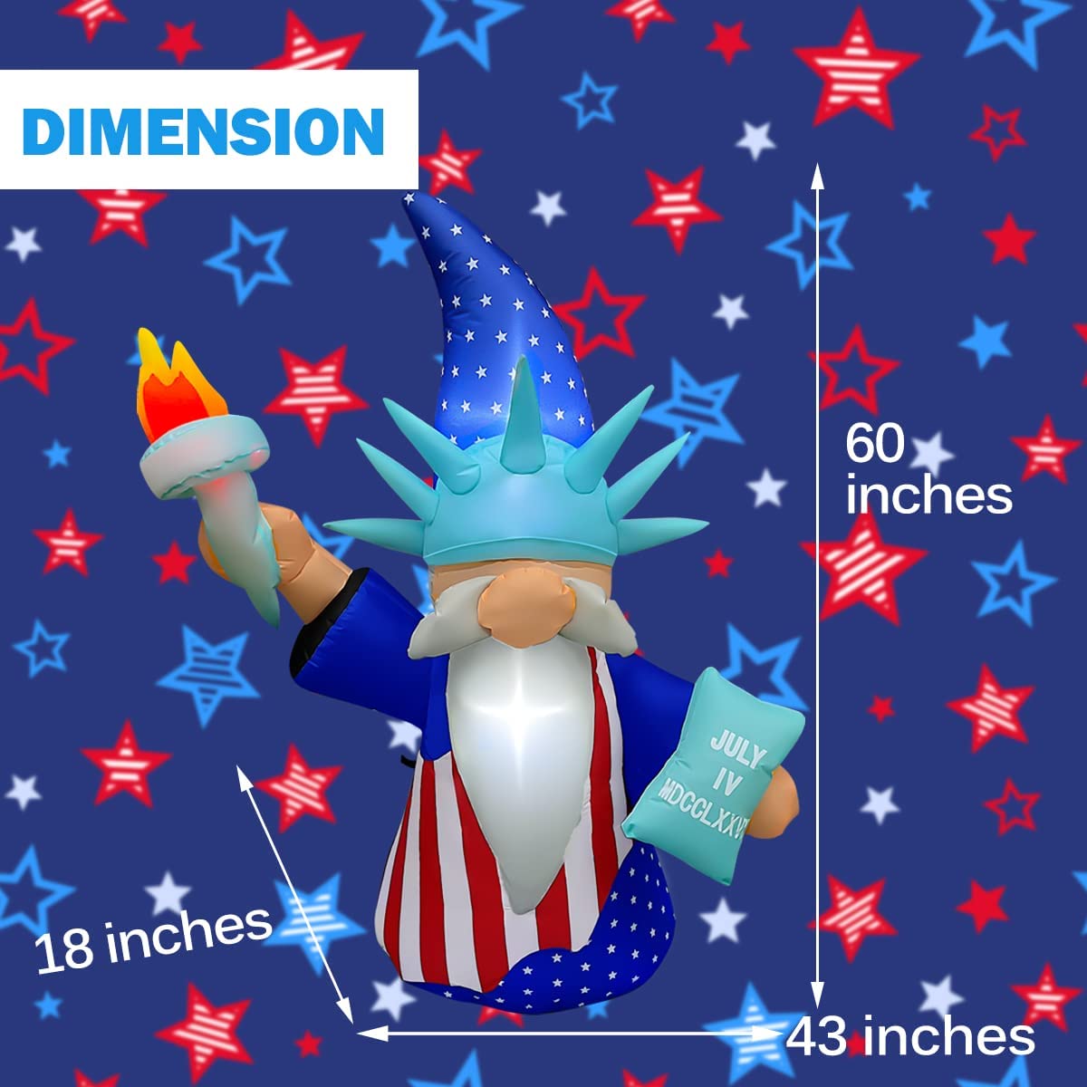 5 Ft Patriotic Independence Day Inflatable Statue of Liberty Gnome Decoration w/ LED