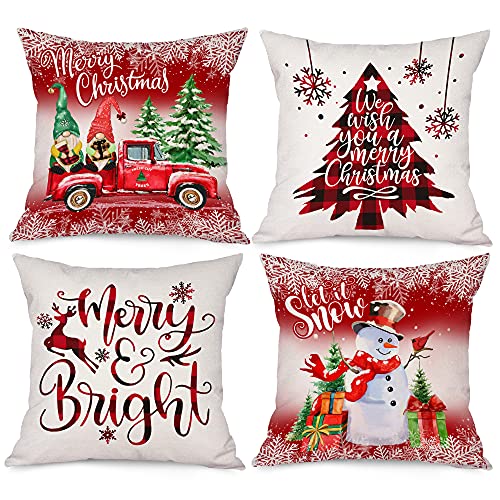 Set of 4 Merry Christmas Tree Snowman Throw Pillow Covers 18x18