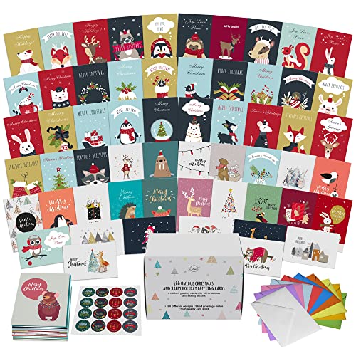 100 Modern Christmas & Happy Holiday Cards w/ Colorful Envelopes