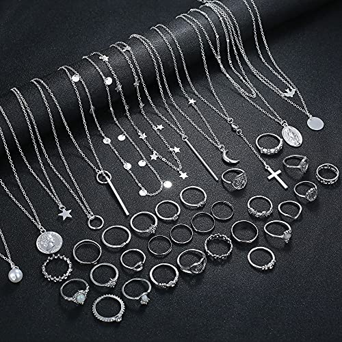 39 PCS Multiple DIY Layered Choker Necklace & Rings Set for Women