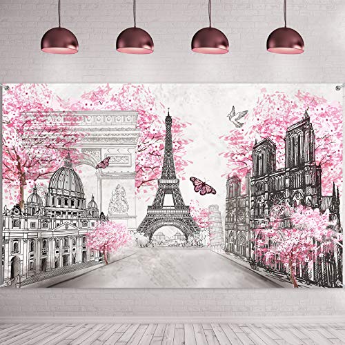Paris Backdrop Eiffel Tower European City Landscape Pink Wall Hanging Tapestry 72 x 43Inch