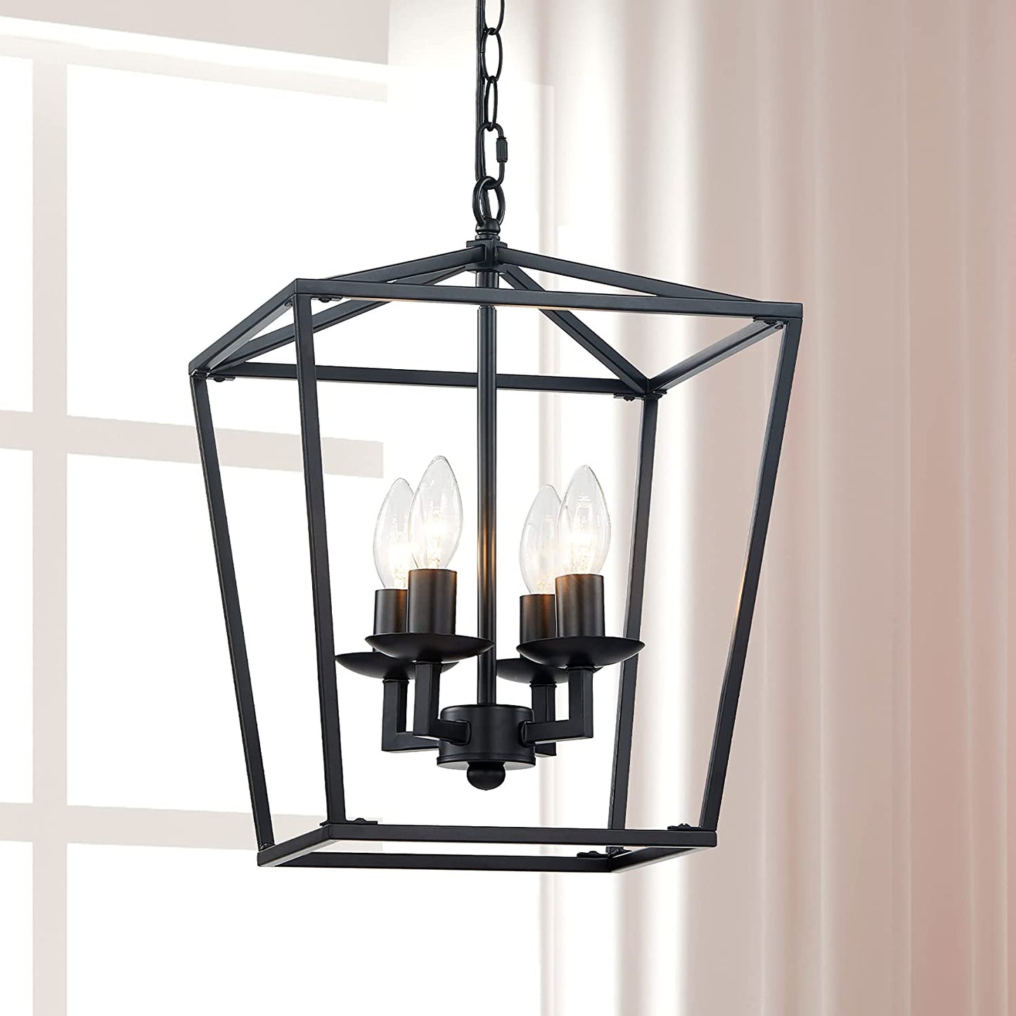 4-Light Farmhouse Lantern Chandelier Light Fixture Black, Rustic Pendant Light Fixture Adjustable Chain
