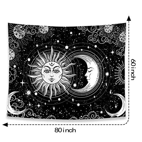 Sun and Moon Star Burning Sun with Stars Floral Mystic Aesthetic Wall Tapestry ( Black and White )