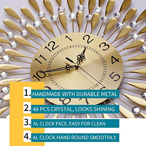 Modern Silent Large Wall Clocks-  Non-Ticking 24 Inch Round Crystal Gold Clocks