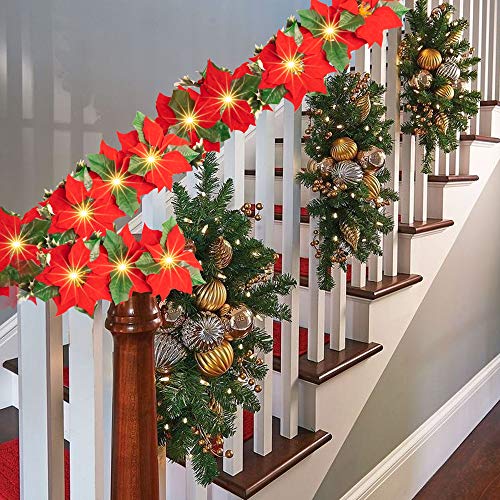 Christmas Poinsettia Garland, 7 FT 10 LED Velvet Artificial Flower