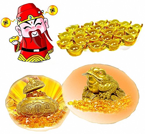 Yellow Crystal Feng Shui Golden Ingot / Yuan Bao & Prosperity Protection Set of 5 Lucky Charm Ancient Coins