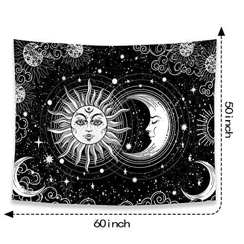 Sun and Moon Star Burning Sun with Stars Floral Mystic Aesthetic Wall Tapestry ( Black and White )