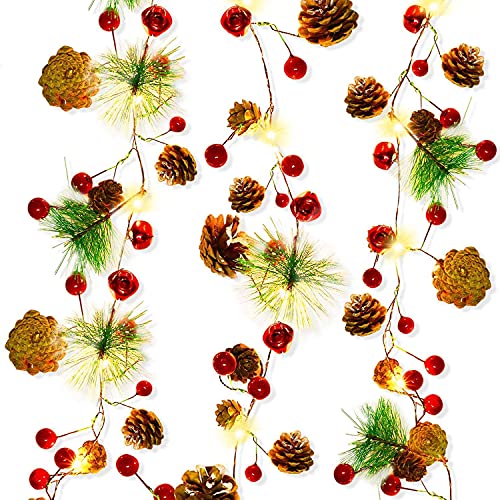 30 LED Christmas String Lights, 10 ft w/ Pinecone Red Berry Garland Battery Operated