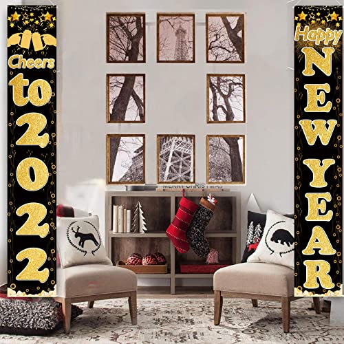 Golden Cheers to 2022 Happy New Year Hanging Banner Porch Sign  72"x12"