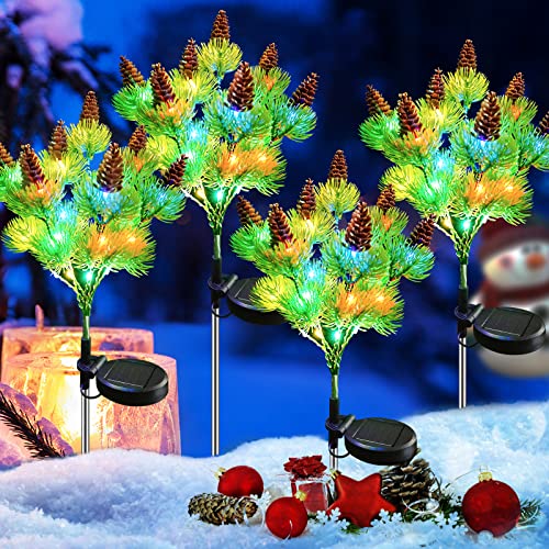 Upgraded 4 Pack Solar Powered Pine Cone Flowers Design Solar Lights Outdoor Garden Decorative