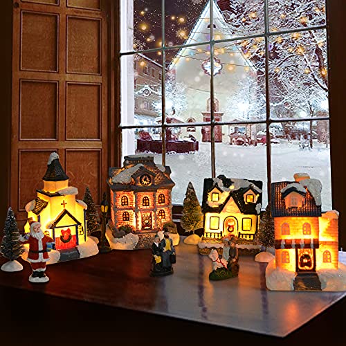 12Pcs Christmas Village Sets - LED Lighted Christmas Village Houses w/ Figurines,