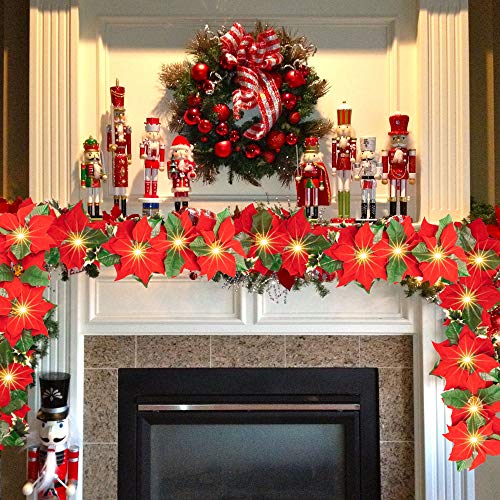 Christmas Poinsettia Garland, 7 FT 10 LED Velvet Artificial Flower