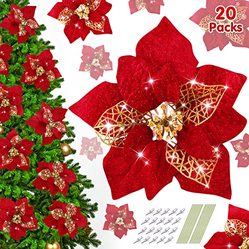 20 Packs Poinsettia Artificial Flowers for Christmas Tree Decoration