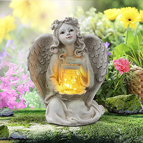 Guardian Angel Garden Statue, Solar Lights Decor (9.375" H)