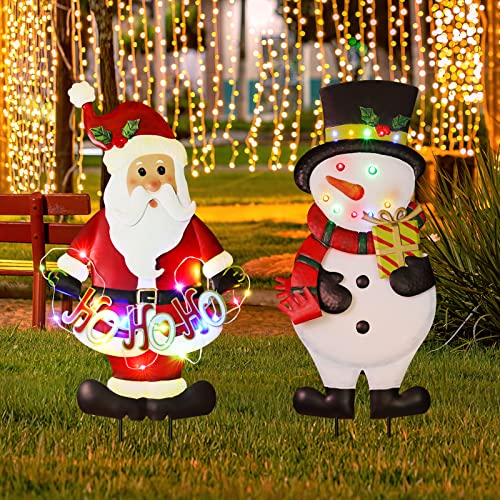 2 Pack  Christmas Snowman & Santa Claus w/ String Lights Metal Yard Stakes