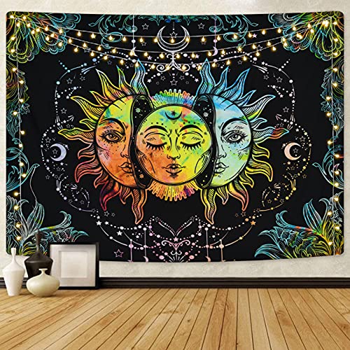 Colorful Sun and Moon Wall Moon and Stars Psychedelic Mandala Tapestry