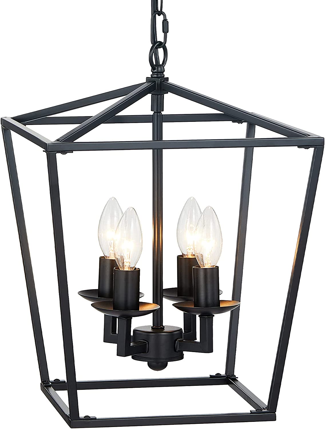 4-Light Farmhouse Lantern Chandelier Light Fixture Black, Rustic Pendant Light Fixture Adjustable Chain