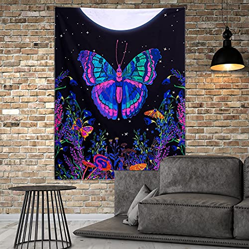 Butterfly Floral Tapestry, Moonlit Garden Wall Blacklight Home Decoration