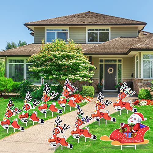 Set of 9 Large Santa's Reindeer Yard Signs Christmas Decoration w/ Stakes