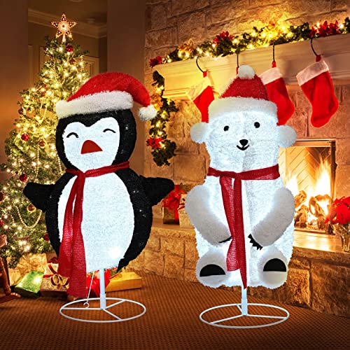 Set of 2- 31’’ Collapsible Fluffy Bear & Penguin w/ 100LT LED Lights, Christmas Holiday Decoration