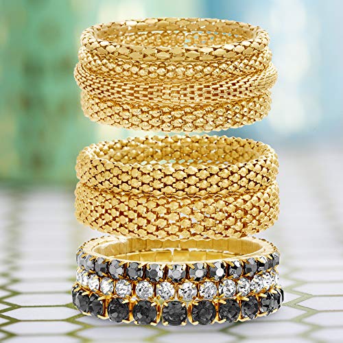 Yellow Gold Tone & Black Rhinestone Stretch Bangle Bracelet Set For Women, One Size