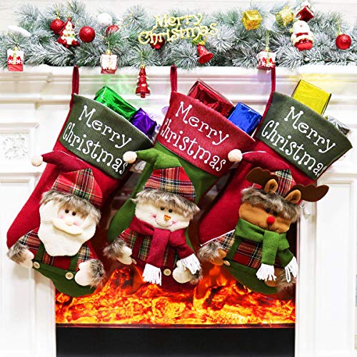 3 Pcs 18" Christmas Big Stockings Santa Snowman Reindeer Character 3D Plush Faux Fur