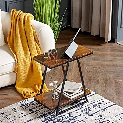 2-Tier Side Table w/ Waterproof Boards & Metal Frame, Rustic Brown