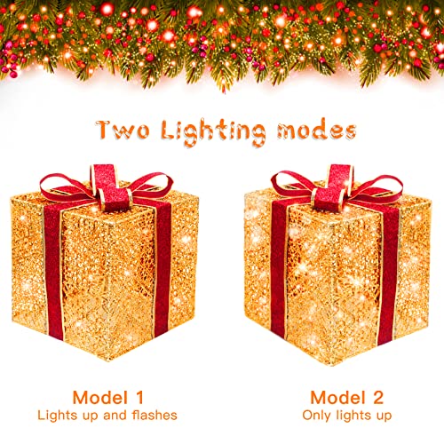 Christmas Lighted Gift Boxes, BOIROS 60 LED Light Up Christmas Packages Set of 3 Metal Present Box Decoration 2