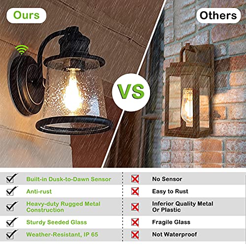 2 Pack Sensor Dusk to Dawn Outdoor Wall Lanterns, Anti-Rust w/ Clear Seeded Shade,