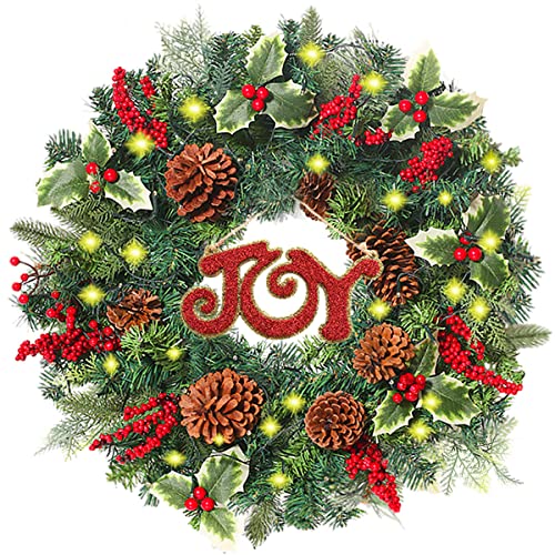 Christmas Wreaths for Front Door, 24 Inch Pre-lit w/ 50 LED Lights Battery Operated