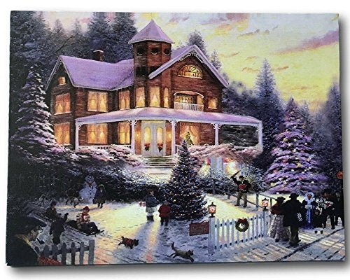 Christmas LED Canvas Print Winter Scene Wall Art with a Victorian House - Lights in the Christmas Trees Light Up - 16" X 12"