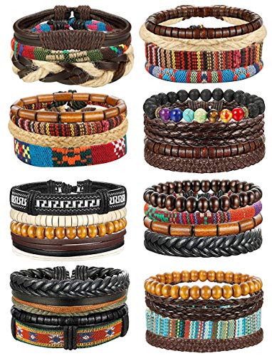 Exclusive Holiday Bundle! 32 Pcs Braided Leather Bracelets w/ Wooden Beads Cool Hemp Tribal Wristbands Cuff Punk Multilayered Bracelets