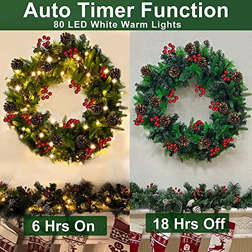 30 Inch Large Prelit Christmas Wreath with 80 Warm Lights Timer Pine Cone Red Berries Battery Operated