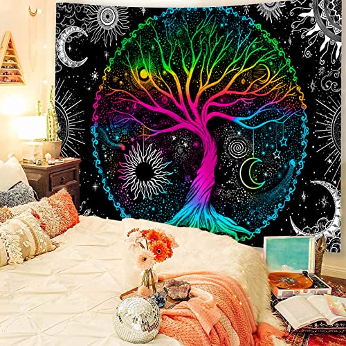 Tree of Life Sun Moon Galaxy Space Colorful Aesthetic Tapestry (60×80 inches)