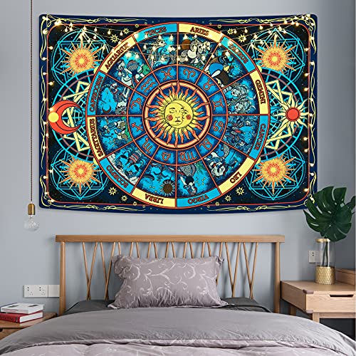 Psychedelic Sun and Moon Zodiac Constellation Burning Sun Astrology Tapestry