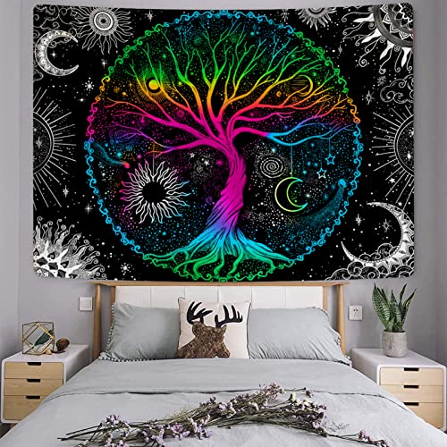 Tree of Life Sun Moon Galaxy Space Colorful Aesthetic Tapestry (60×80 inches)