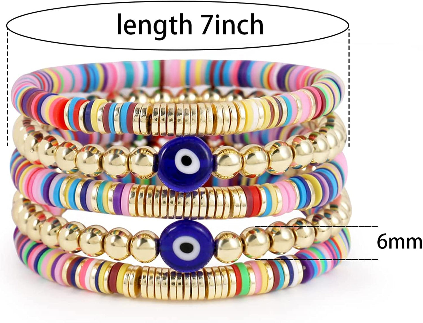 Colorful Beaded Stretch Bracelets Set for Women Smile Blue Evil Eye Polymer Summer Beach Jewelry