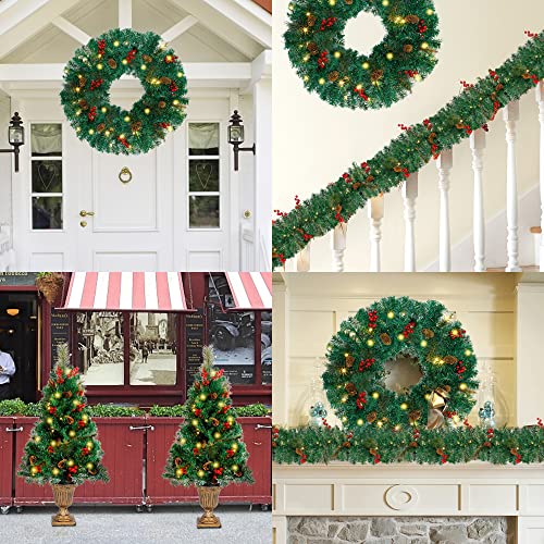 Christmas Decorations 4Piece Set, Pre-Lit Artificial Entrance Trees Set of 2, Wreath & Garlands