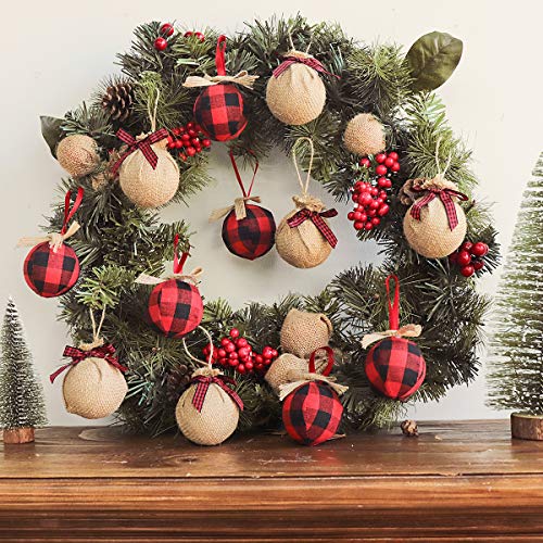 12 Pcs Red Black Buffalo Check Plaid Stitching Burlap Christmas Tree Ornaments