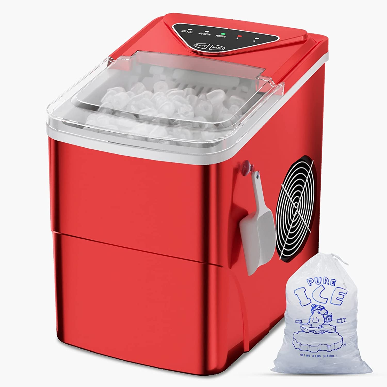 Ice Makers Countertop, Self-Cleaning Function, Portable Electric 9 Pebble Ice Ready in 6 Mins, 26lbs 24Hrs w/ Ice Bags & Ice Scoop Basket(Red)