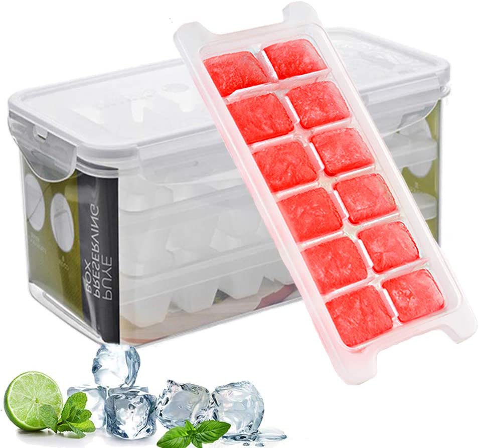 Ice Cube Trays & Ice Cube Storage Container Set w/ Airtight Locking Lid, 3 Packs / 36 Big Trapezoid Ice Cubes