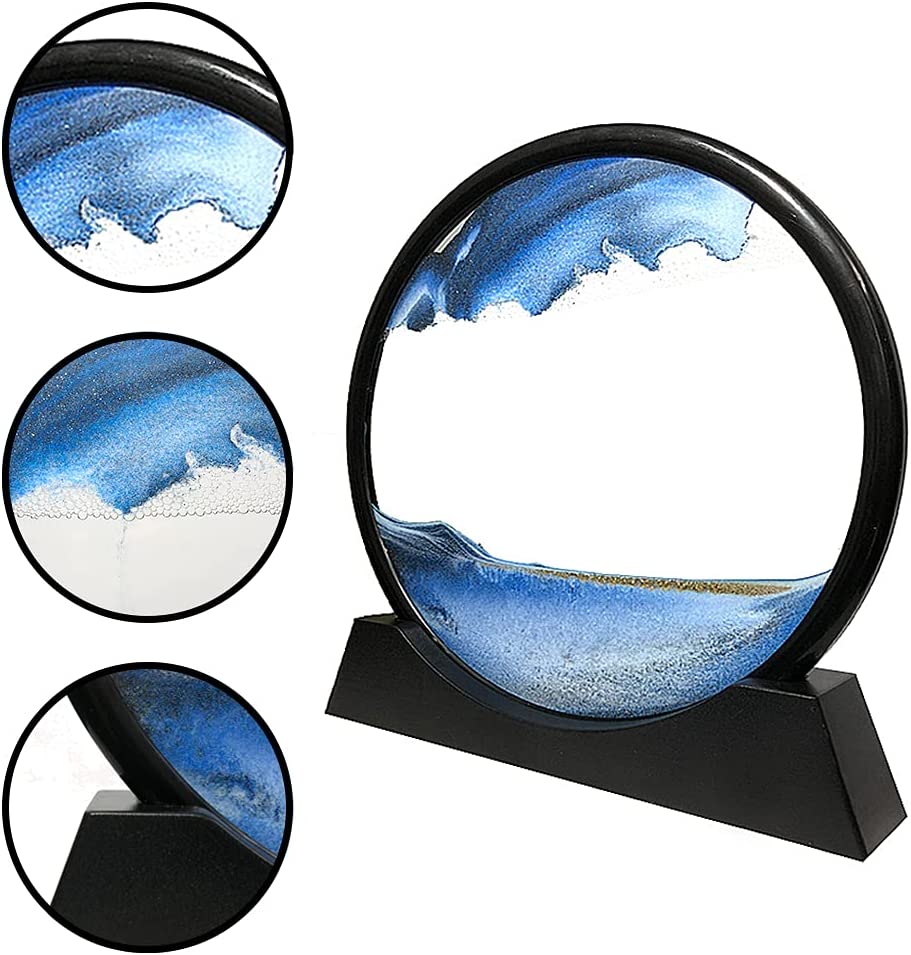 Moving Sand Art Picture Sandscapes in Motion Round Glass 3D Deep Sea (Blue, 7 Inch)