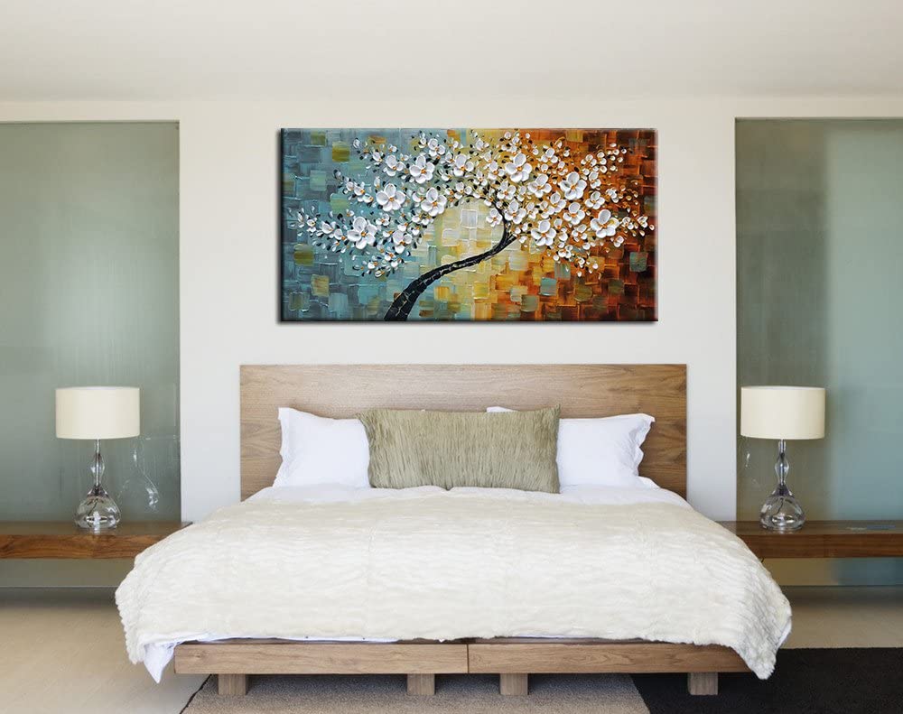 100% Hand-Painted Contemporary Oil Painting On Canvas Texture Palette Knife Tree Modern Home Interior Decor Abstract Art 3D Flowers Paintings Ready to Hang 24x48inch