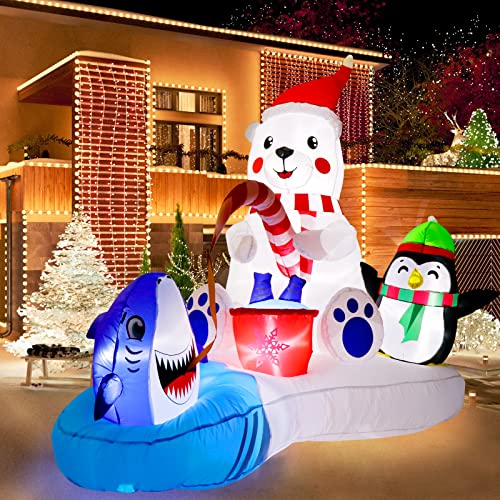 6FT Christmas Inflatables Polar Bear Fishing with Penguin