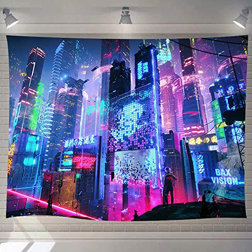 Futuristic Japanese Sci Fi Street Art Night View Cityscape Tapestry